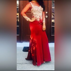 Beautiful size small wine colored floor length formal ball gown with gold accent